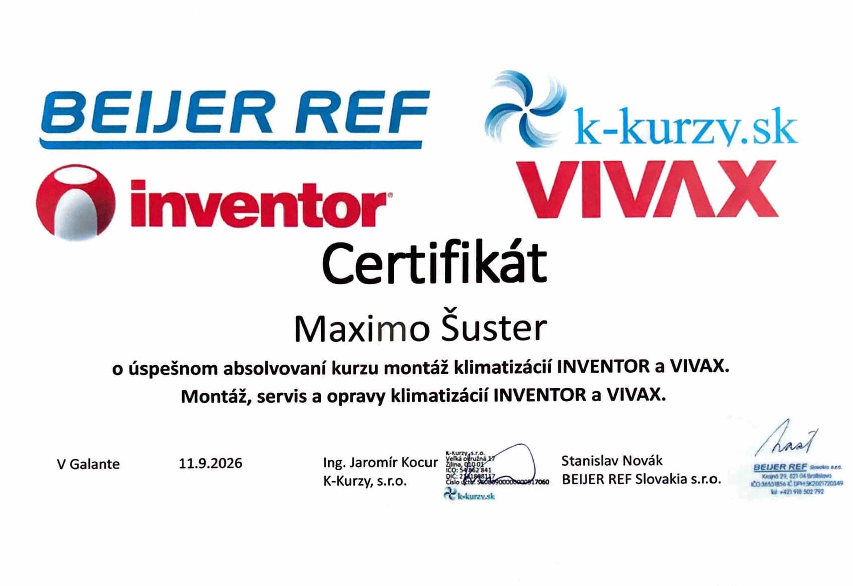 Certifikát o absolvovaní kurzu montáže klimatizácií INVENTOR a VIVAX na meno Maximo Šuster