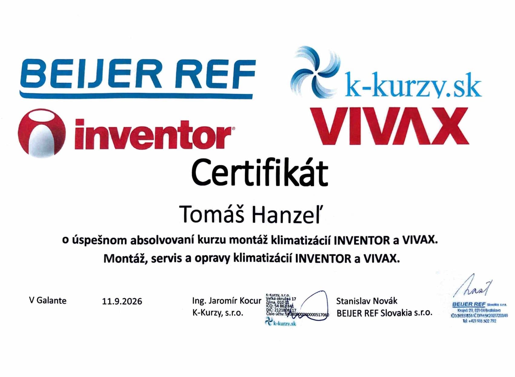Certifikát o absolvovaní kurzu montáže klimatizácií INVENTOR a VIVAX na meno Tomáš Hanzeľ